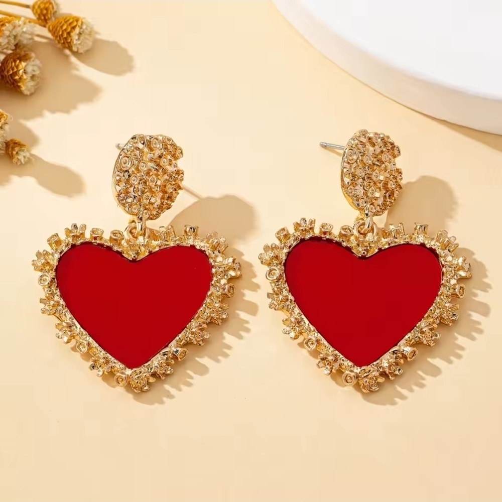 Gold and Red Heart Earrings - Picture 4 of 5